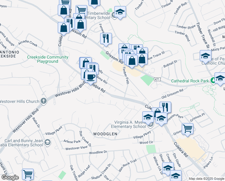 map of restaurants, bars, coffee shops, grocery stores, and more near 4507 Cerca Royale in San Antonio