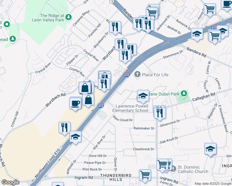 map of restaurants, bars, coffee shops, grocery stores, and more near 6218 Tom Tom Street in San Antonio