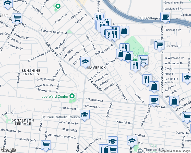 map of restaurants, bars, coffee shops, grocery stores, and more near 135 Vaughan Place in San Antonio