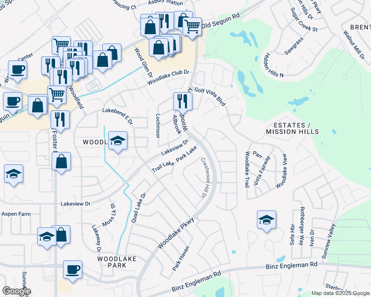 map of restaurants, bars, coffee shops, grocery stores, and more near 5514 Park Lake in San Antonio