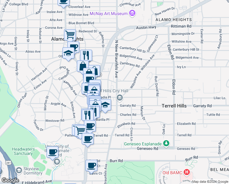 map of restaurants, bars, coffee shops, grocery stores, and more near 206 Grant Avenue in Alamo Heights