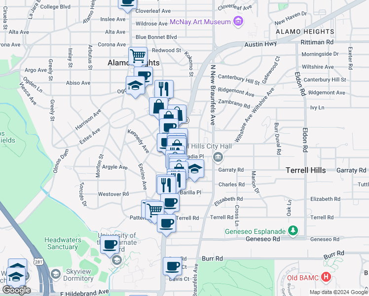 map of restaurants, bars, coffee shops, grocery stores, and more near 134 Grandview Place in Alamo Heights