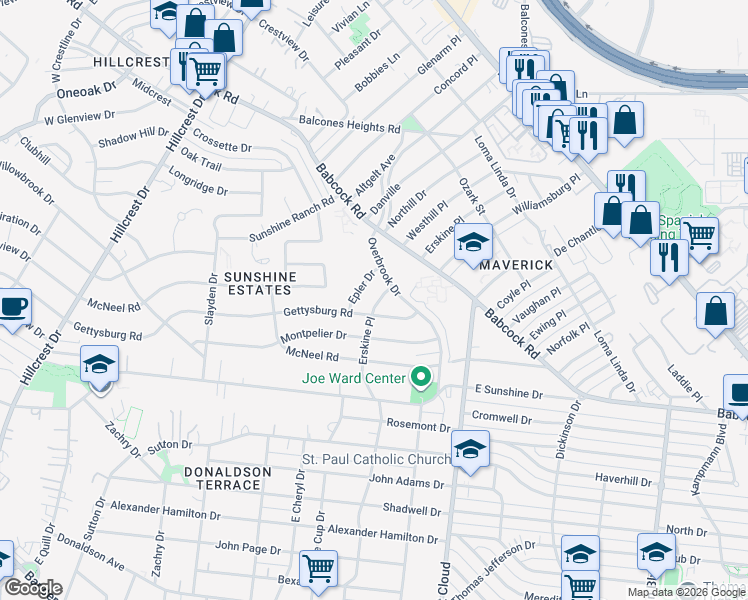 map of restaurants, bars, coffee shops, grocery stores, and more near 414 Erskine Place in San Antonio