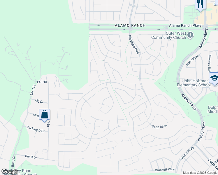 map of restaurants, bars, coffee shops, grocery stores, and more near 4318 Paddling Pass in San Antonio