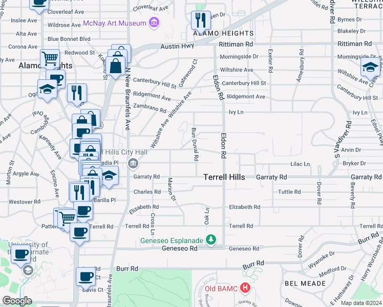 map of restaurants, bars, coffee shops, grocery stores, and more near 560 Grandview Pl in San Antonio