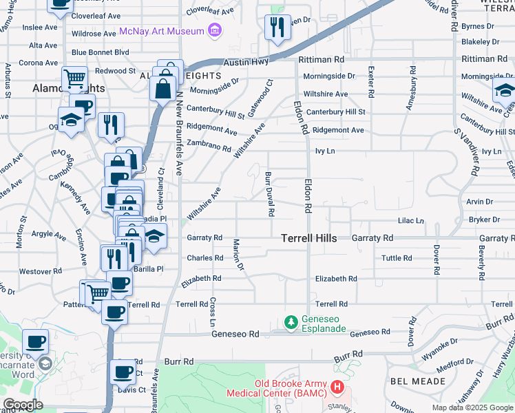 map of restaurants, bars, coffee shops, grocery stores, and more near 560 Grandview Place in San Antonio