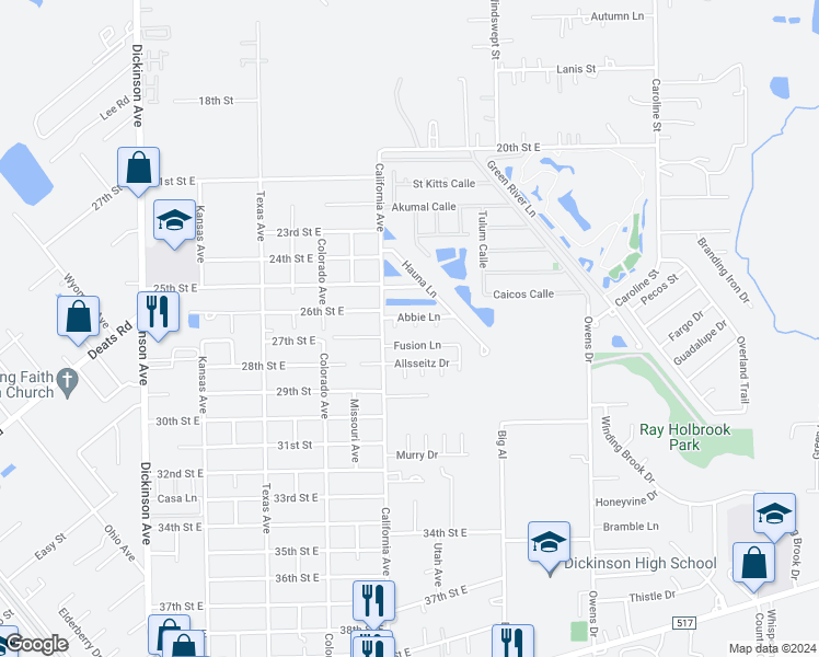map of restaurants, bars, coffee shops, grocery stores, and more near 2604 Jacob Court in Dickinson