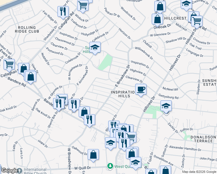 map of restaurants, bars, coffee shops, grocery stores, and more near 211 Sunnycrest Drive in San Antonio