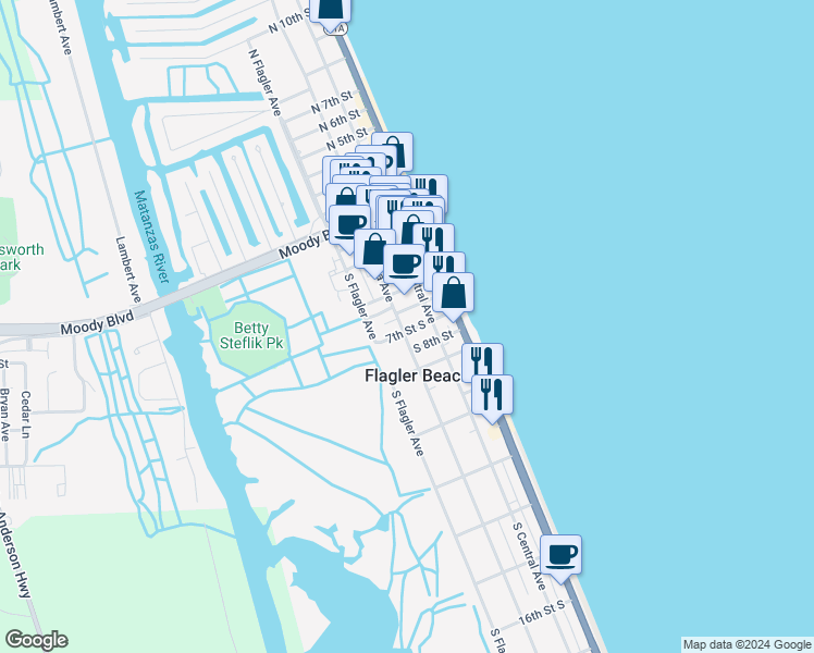 map of restaurants, bars, coffee shops, grocery stores, and more near 220 7th Street South in Flagler Beach