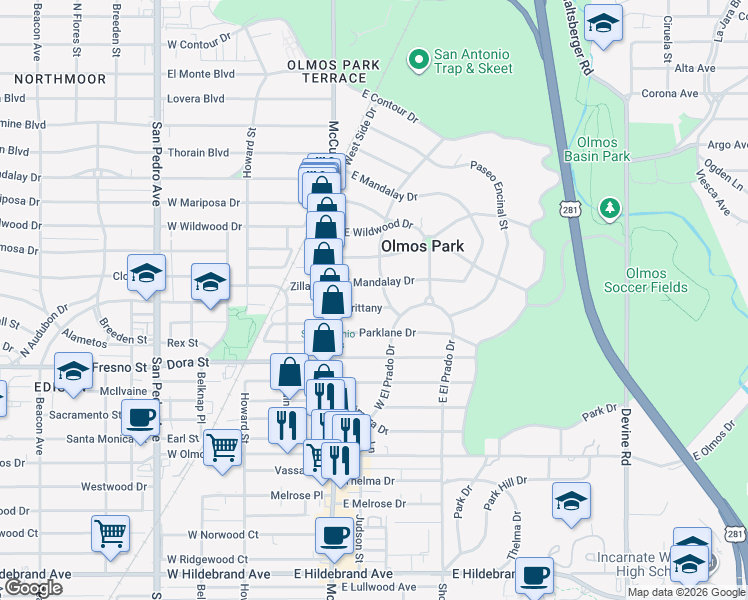 map of restaurants, bars, coffee shops, grocery stores, and more near 135 Brittany in San Antonio