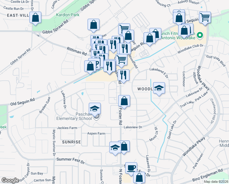 map of restaurants, bars, coffee shops, grocery stores, and more near 5415 North Foster Road in San Antonio