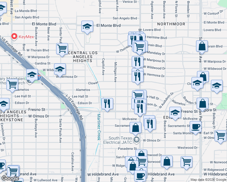map of restaurants, bars, coffee shops, grocery stores, and more near 1030 Alametos in San Antonio