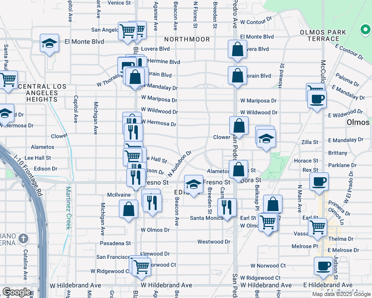 map of restaurants, bars, coffee shops, grocery stores, and more near 431 North Audubon Drive in San Antonio