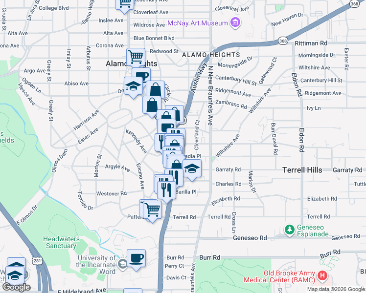 map of restaurants, bars, coffee shops, grocery stores, and more near 101 Arcadia Place in Alamo Heights