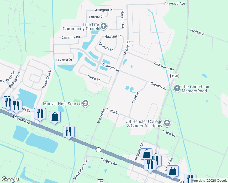 map of restaurants, bars, coffee shops, grocery stores, and more near 6911 McCoy Road in Manvel