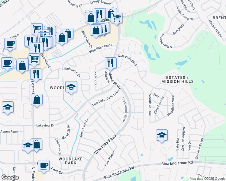 map of restaurants, bars, coffee shops, grocery stores, and more near 5514 Park Lake in San Antonio