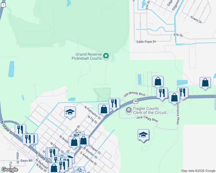map of restaurants, bars, coffee shops, grocery stores, and more near 33 Grand Par Court in Bunnell