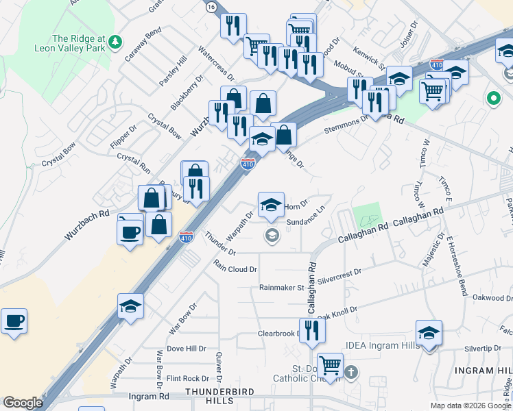 map of restaurants, bars, coffee shops, grocery stores, and more near 6018 Deer Horn in San Antonio