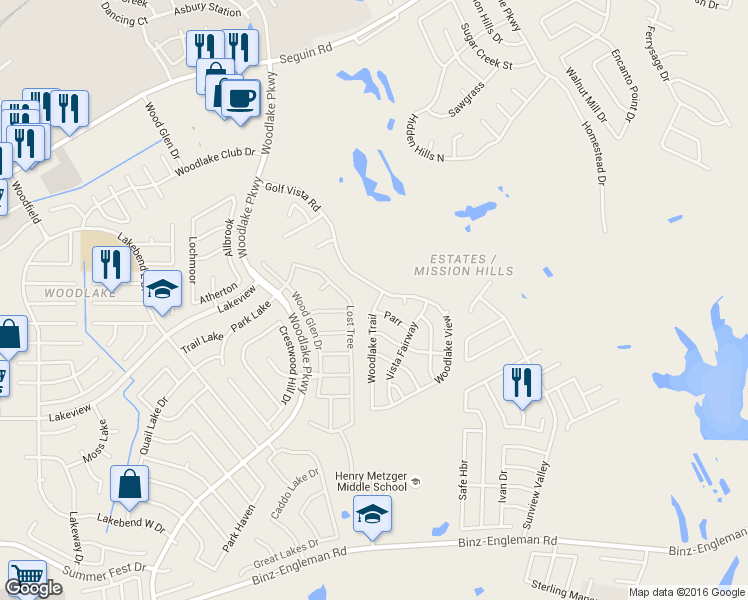 map of restaurants, bars, coffee shops, grocery stores, and more near 5111 Woodlake Trail in San Antonio