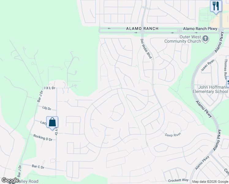 map of restaurants, bars, coffee shops, grocery stores, and more near 4318 Paddling Pass in San Antonio