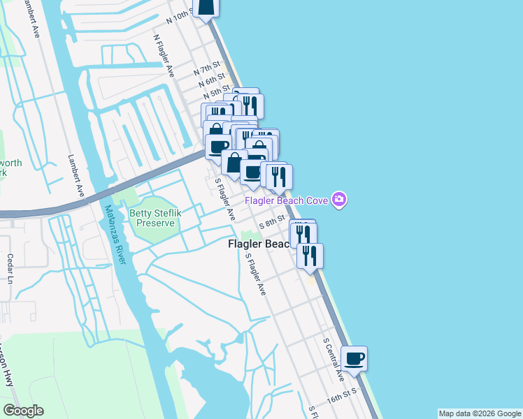map of restaurants, bars, coffee shops, grocery stores, and more near 210 7th Street South in Flagler Beach