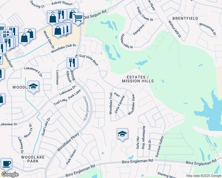 map of restaurants, bars, coffee shops, grocery stores, and more near 5111 Woodlake Trail in San Antonio
