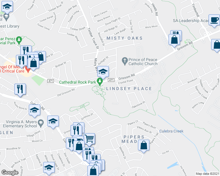 map of restaurants, bars, coffee shops, grocery stores, and more near 7990 Grissom Rd in San Antonio