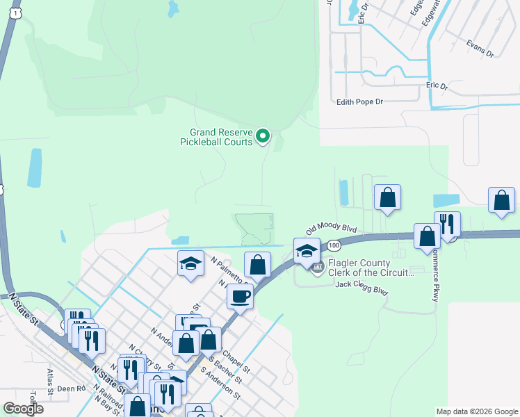 map of restaurants, bars, coffee shops, grocery stores, and more near 33 Grand Par Court in Bunnell