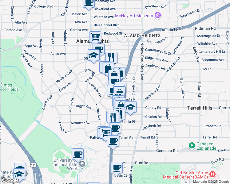 map of restaurants, bars, coffee shops, grocery stores, and more near 5314 Broadway in Alamo Heights