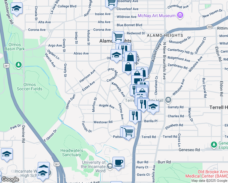 map of restaurants, bars, coffee shops, grocery stores, and more near 334 Encino Avenue in San Antonio