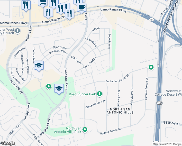 map of restaurants, bars, coffee shops, grocery stores, and more near 11614 La Granja in San Antonio
