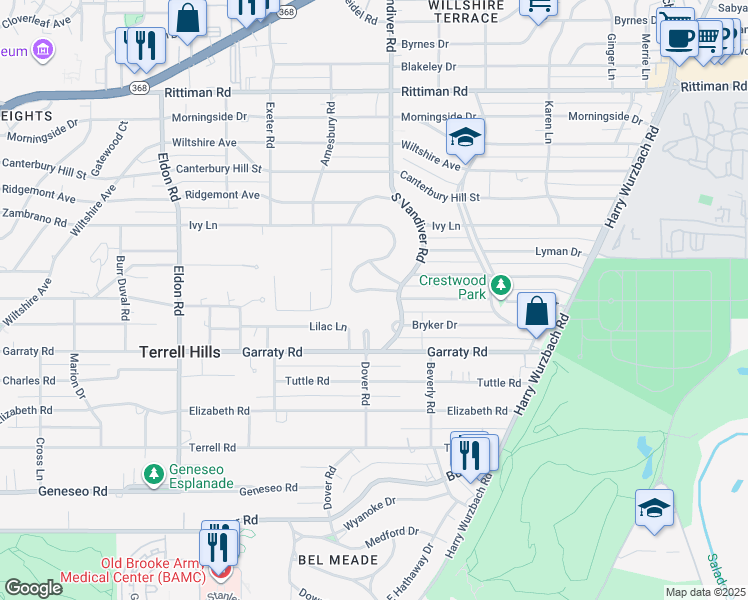 map of restaurants, bars, coffee shops, grocery stores, and more near 803 Garraty Hill in Terrell Hills