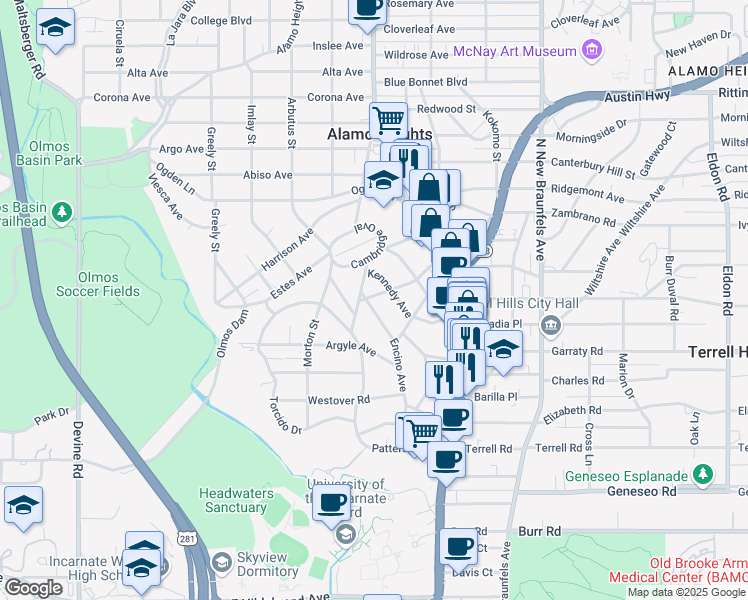 map of restaurants, bars, coffee shops, grocery stores, and more near 334 Encino Avenue in San Antonio