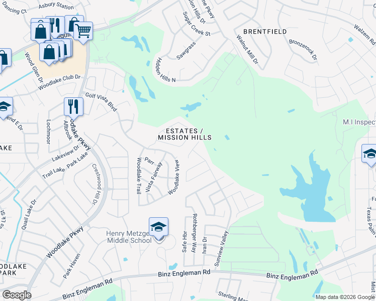 map of restaurants, bars, coffee shops, grocery stores, and more near 5114 Mustang Cove in San Antonio