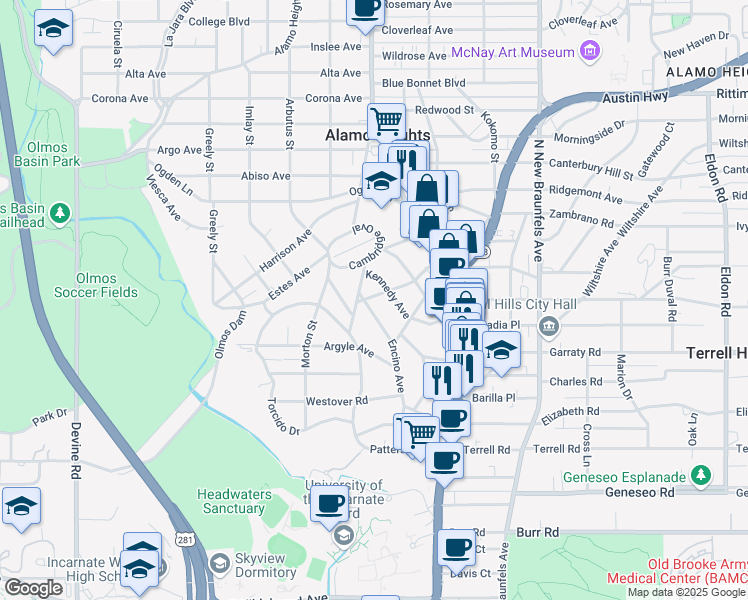 map of restaurants, bars, coffee shops, grocery stores, and more near 326 Encino Avenue in Alamo Heights