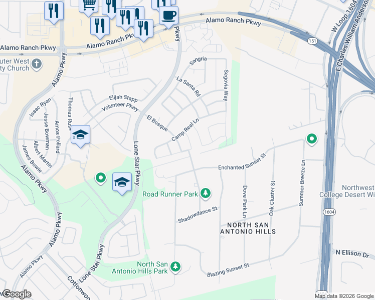 map of restaurants, bars, coffee shops, grocery stores, and more near 11606 La Granja in San Antonio