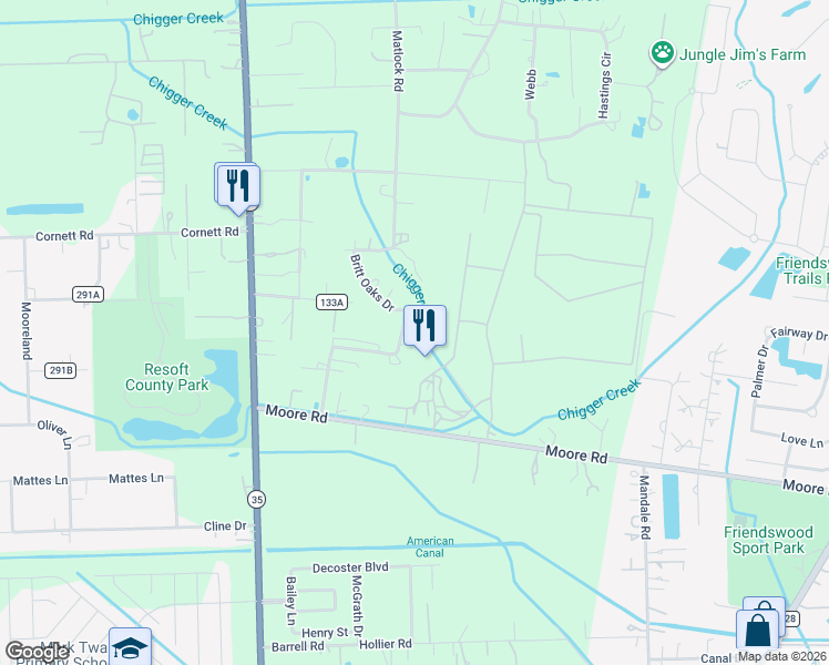 map of restaurants, bars, coffee shops, grocery stores, and more near 21005 Britt Oaks Drive in Alvin