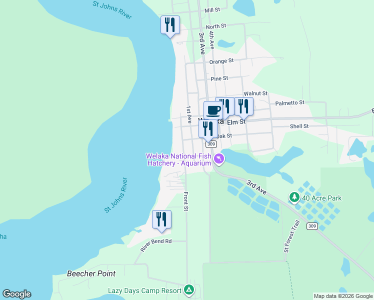 map of restaurants, bars, coffee shops, grocery stores, and more near 59 Mc Clure Street in Welaka
