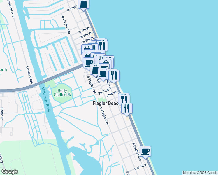 map of restaurants, bars, coffee shops, grocery stores, and more near 116 South 8th Street in Flagler Beach