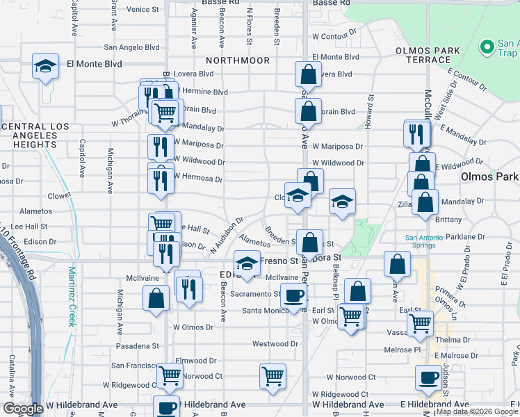 map of restaurants, bars, coffee shops, grocery stores, and more near 410 South Audubon Drive in San Antonio