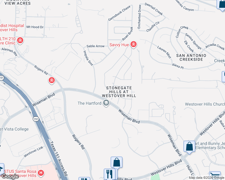 map of restaurants, bars, coffee shops, grocery stores, and more near 4115 Antlers Lodge Road in San Antonio