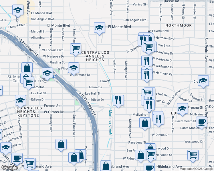 map of restaurants, bars, coffee shops, grocery stores, and more near 1214 Alametos in San Antonio