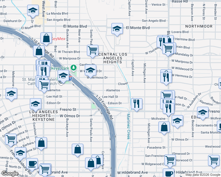 map of restaurants, bars, coffee shops, grocery stores, and more near 1334 Alametos in San Antonio