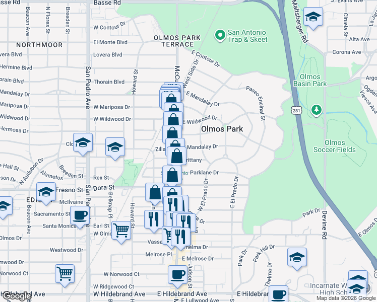 map of restaurants, bars, coffee shops, grocery stores, and more near 135 Brittany in Olmos Park