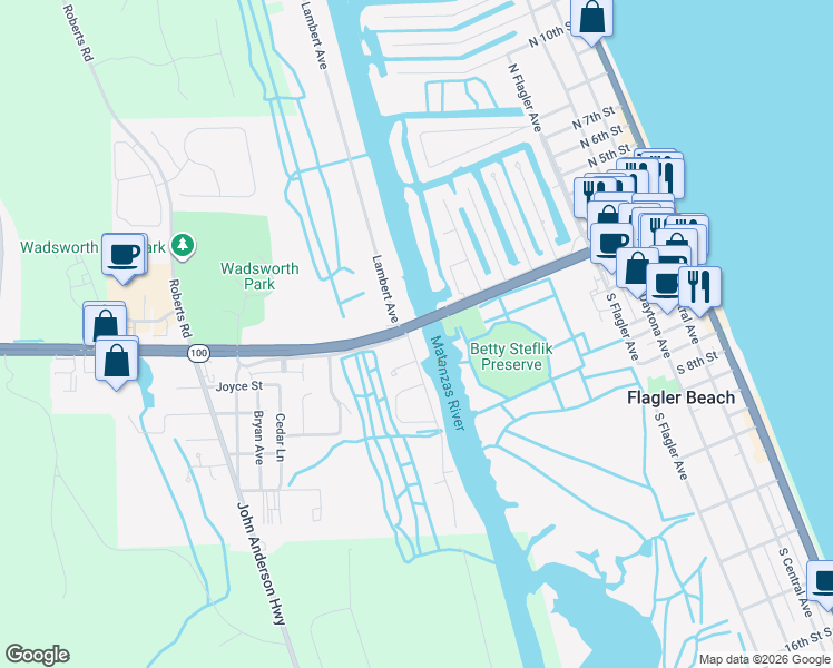 map of restaurants, bars, coffee shops, grocery stores, and more near 109 Palm Drive in Flagler Beach