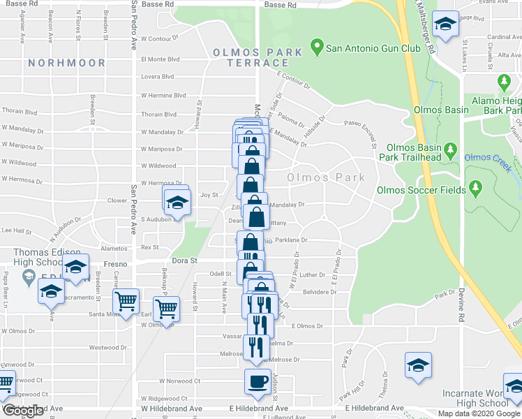 map of restaurants, bars, coffee shops, grocery stores, and more near 107 Brittany in Olmos Park
