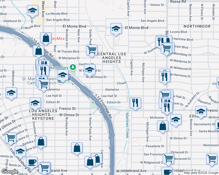 map of restaurants, bars, coffee shops, grocery stores, and more near 1334 Alametos in San Antonio