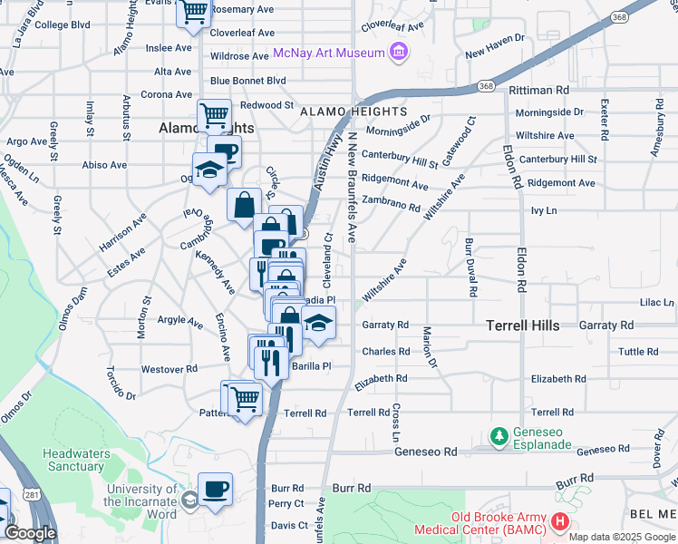 map of restaurants, bars, coffee shops, grocery stores, and more near 206 Grant Avenue in Alamo Heights