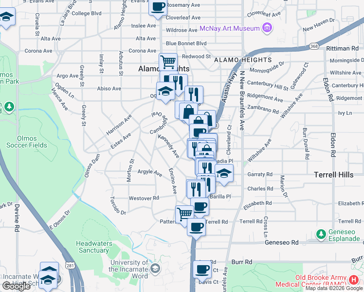 map of restaurants, bars, coffee shops, grocery stores, and more near 133 Kennedy Avenue in Alamo Heights