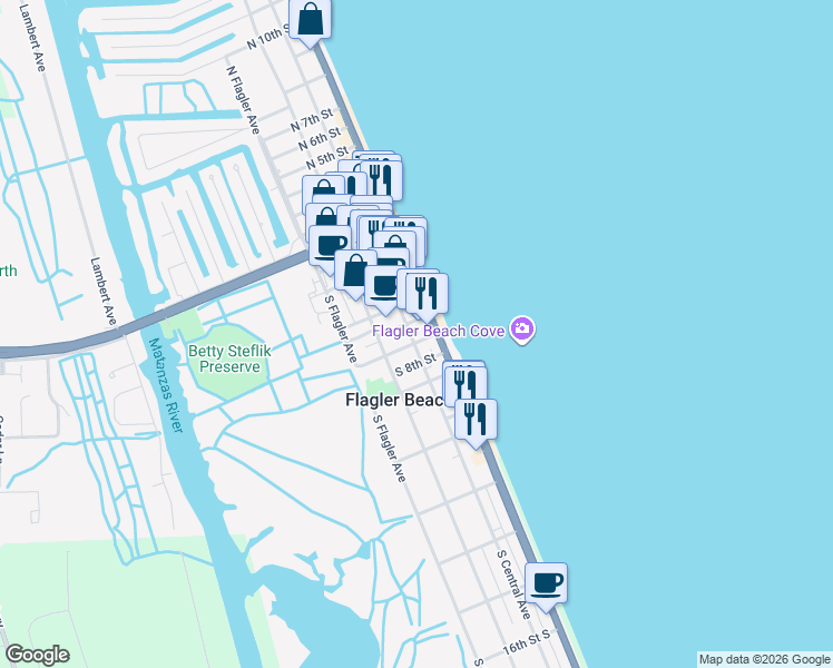 map of restaurants, bars, coffee shops, grocery stores, and more near 116 South 8th Street in Flagler Beach